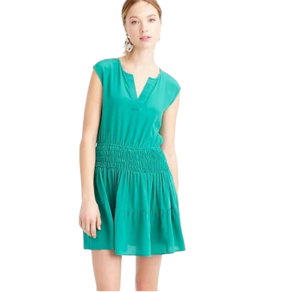 J.CREW Silk Smocked-Waist Dress in Emerald Green Size 6 Small